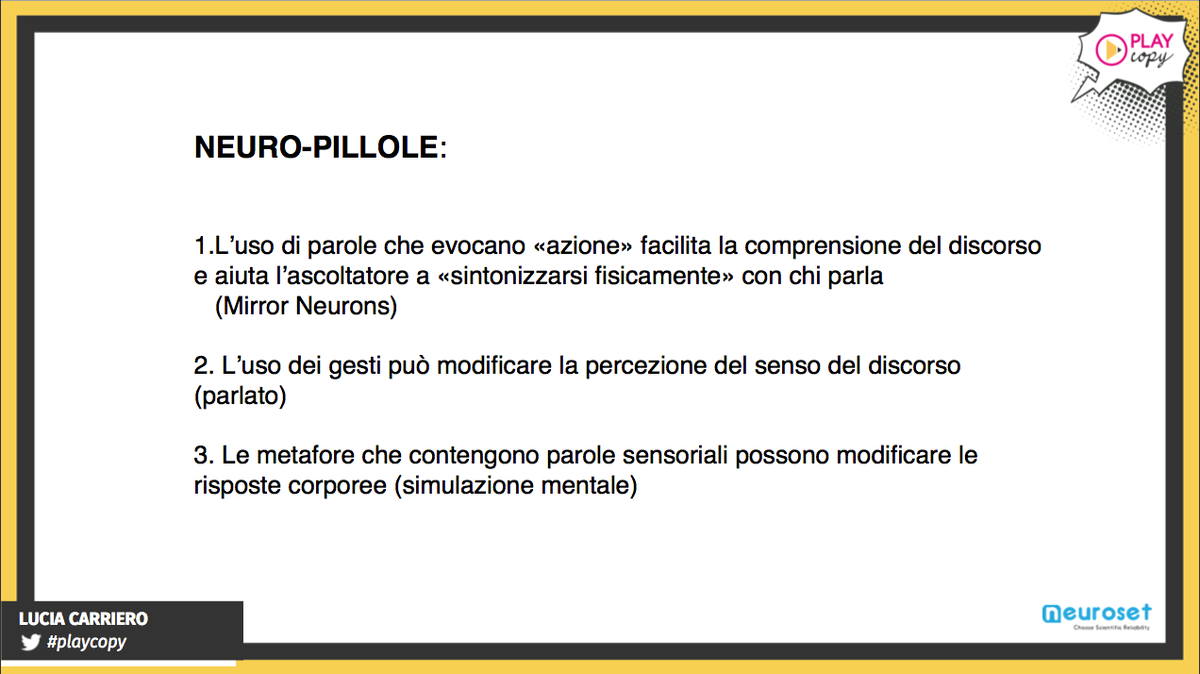 play_copy's tweet photo. ☝️"Super potere 1: le parole possono cambiare la fisiologia del nostro sistema nervoso centrale." Lucia Carriero @NeurosetIT 

#neuromarketing #copywriting #playcopy https://t.co/YkXuLpsEQU