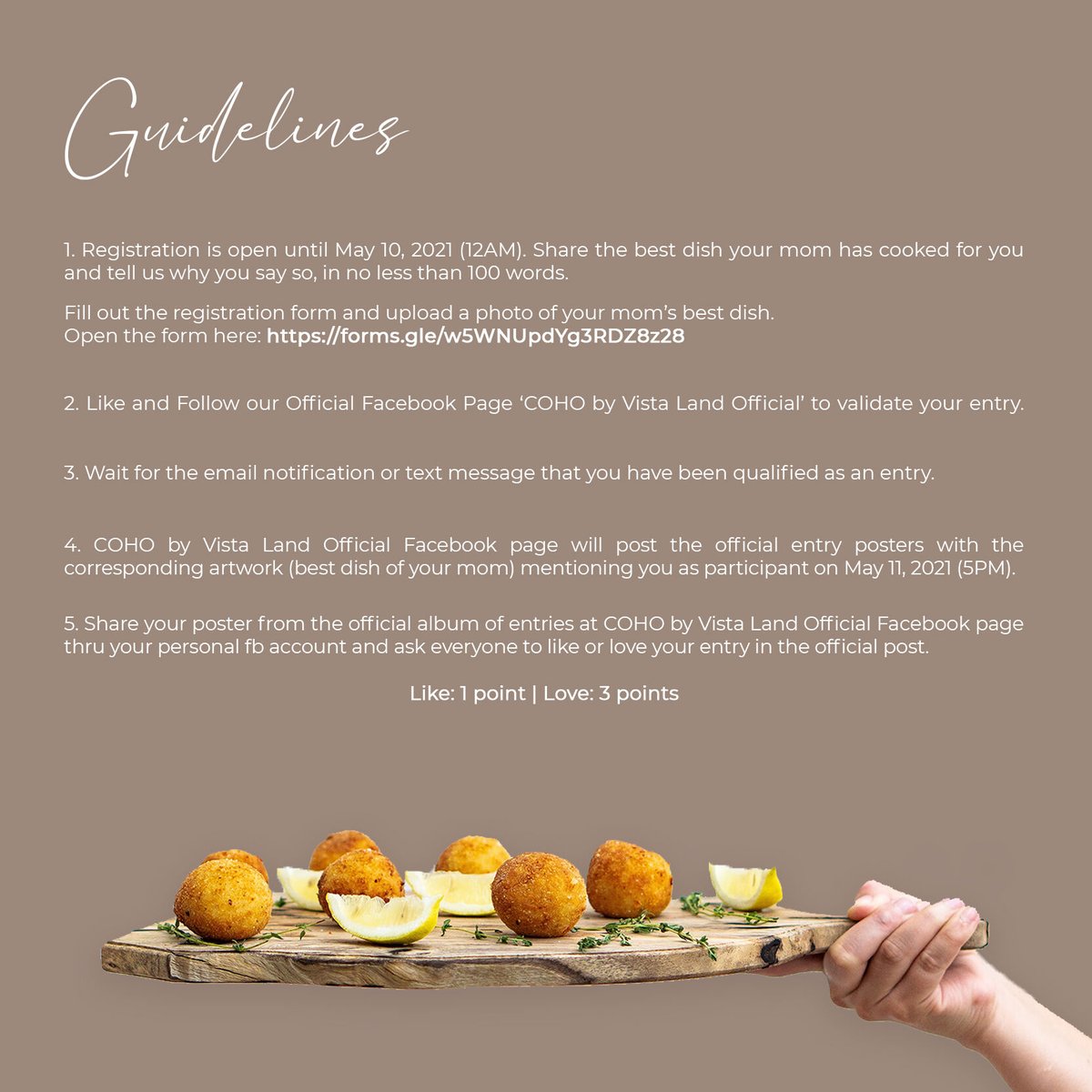coho_official's tweet photo. 𝗥𝗘𝗚𝗜𝗦𝗧𝗥𝗔𝗧𝗜𝗢𝗡 𝗜𝗦 𝗘𝗫𝗧𝗘𝗡𝗗𝗘𝗗!

Fill out the registration form and upload a photo of your mom’s best dish 𝘂𝗻𝘁𝗶𝗹 𝗠𝗔𝗬 𝟭𝟬 (𝟭𝟮 𝗠𝗡) at https://t.co/UYlB3MQLZP

https://t.co/atoD1UUzJ2

#PremiumLiving at #COHObyVistaLand #MothersDaySpecial https://t.co/whFg2oqgYt