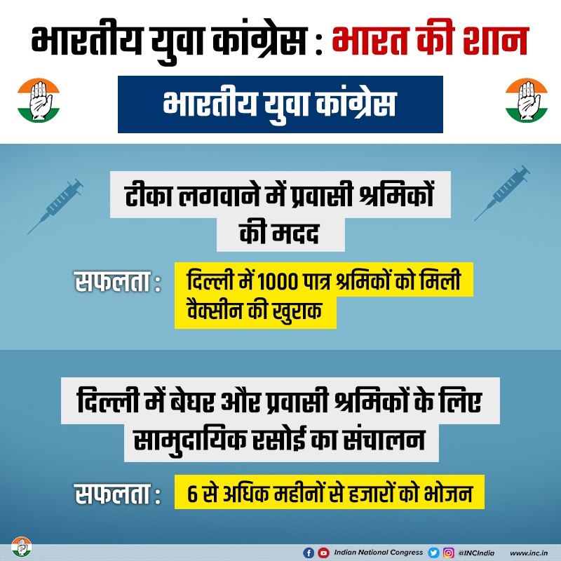 INCIndia's tweet photo. जब भाजपाई हुकूमत ने प्रवासी मजदूरों पर लॉकडाउन थोप दिया था, तब युवा कांग्रेस भोजन से लेकर राशन तक उन मजदूरों के लिए उम्मीद बनकर सामने आई थी।

अब टीकाकरण में भी सक्रिय भूमिका निभाकर युवा कांग्रेस ने मजदूर भाई-बहनों के साथ खड़े होने का अहसास दिलाया है।

#IndiaStandsTogether https://t.co/oh46izlq0V