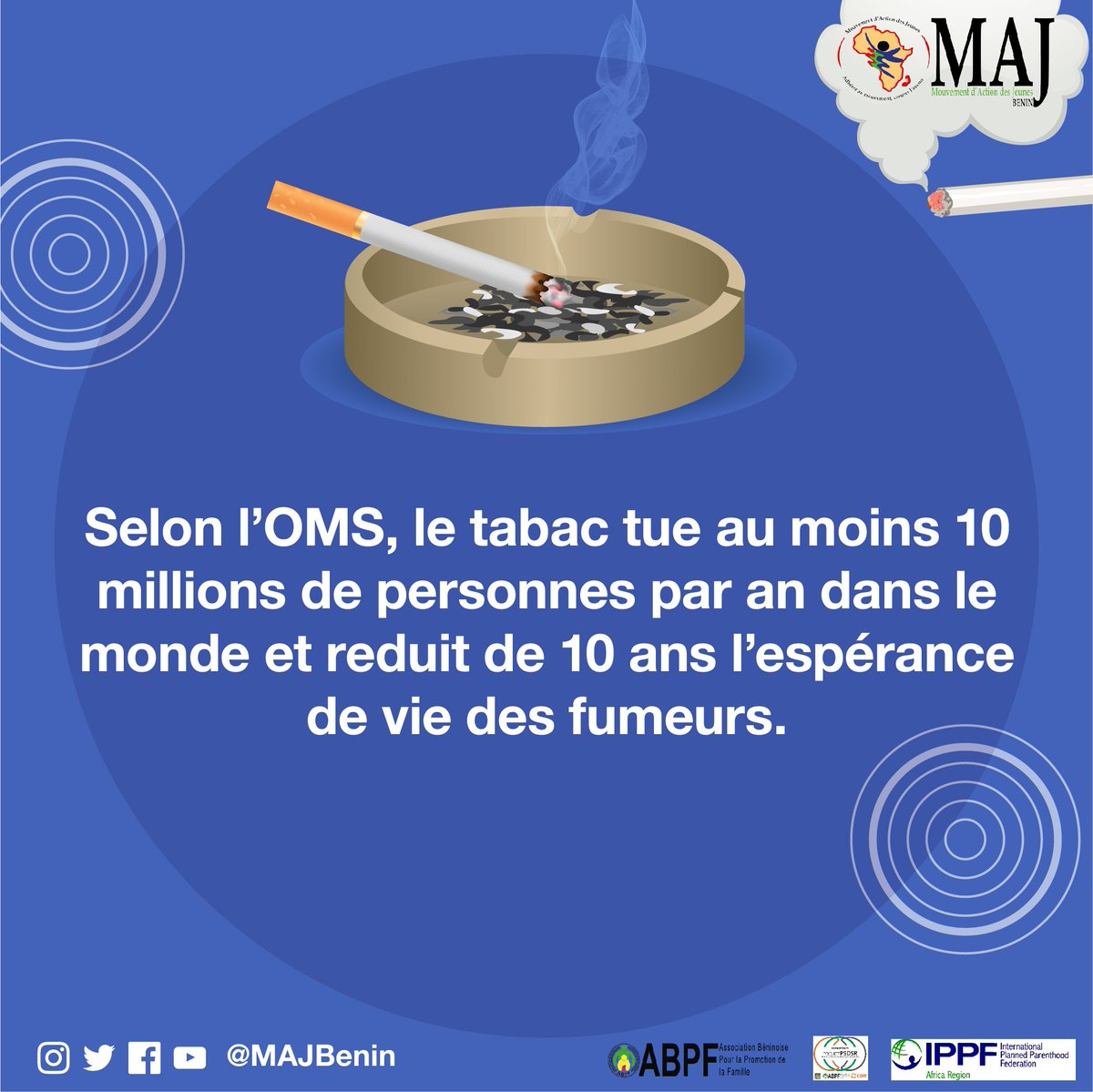 LE SAVIEZ-VOUS ❓

✍️ [Selon l'OMS, le tabac tue au moins 10 millions de personnes par an dans le monde et réduit de 10 ans l'espérance de vie des fumeurs]

Partagez pour sauver !

#11MaiSansTabac #VBG

🔹 Suivez-nous sur Facebook : bit.ly/3o4tai7
