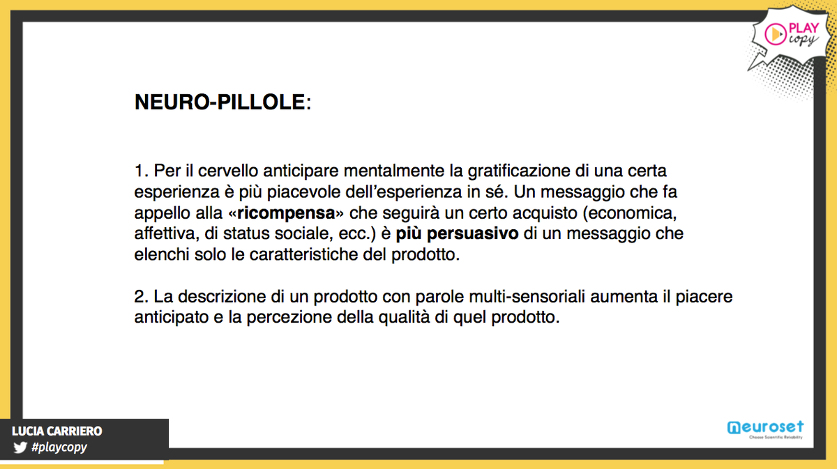 play_copy's tweet photo. ✌️+☝️ "Super potere 3: le parole possono modificare le nostre aspettative e percezioni." Lucia Carriero @NeurosetIT 

#playcopy #neuromarketing #copywriting https://t.co/u1dTTb2Kd5
