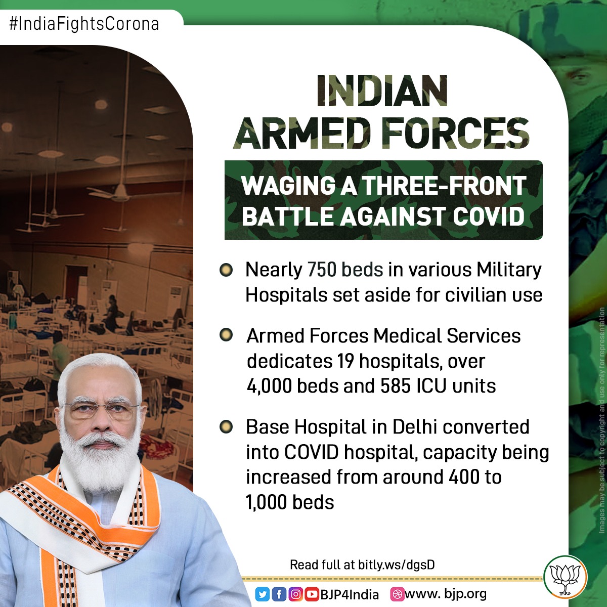 With 750 beds in various #MilitaryHospitals set aside for civilian use, #IndianArmedForces leaving no stone unturned in the #FightAgainstCOVID19 .

#ArmedForcesMedicalServices has also dedicated 19 hospitals, over 4,000 beds & 585 ICU units across India.

#IndiaFightsCOVID19