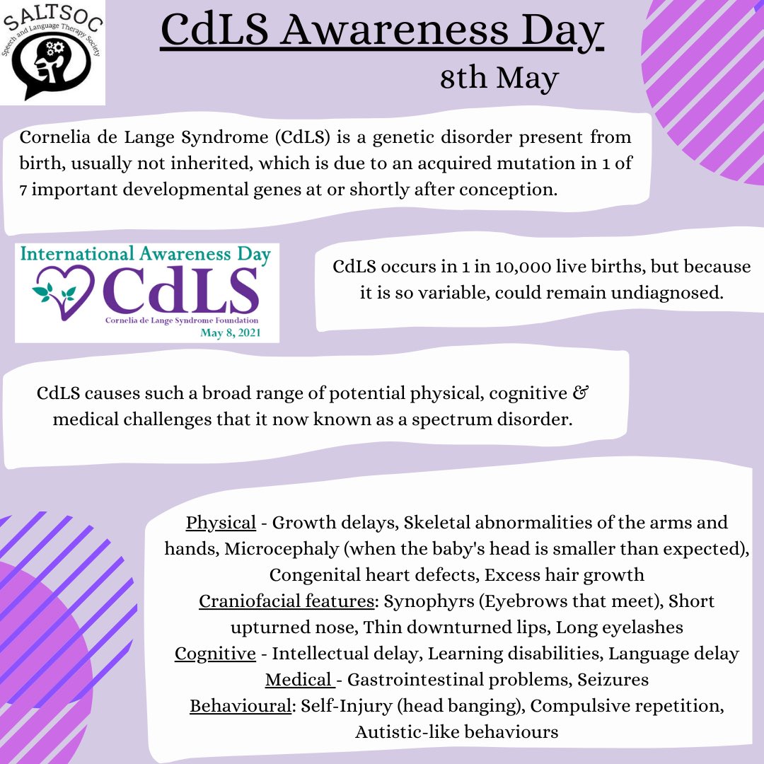 BCUSALTSOC's tweet photo. It’s CdLS Awareness Day! The second Saturday in May is dedicated to raising awareness for this often misdiagnosed genetic disorder.
Check out our information poster to learn more about Cornelia de Lange Syndrome and the amazing organisations involved.
#cdls #cdlsawareness https://t.co/sAvbpAEZ66