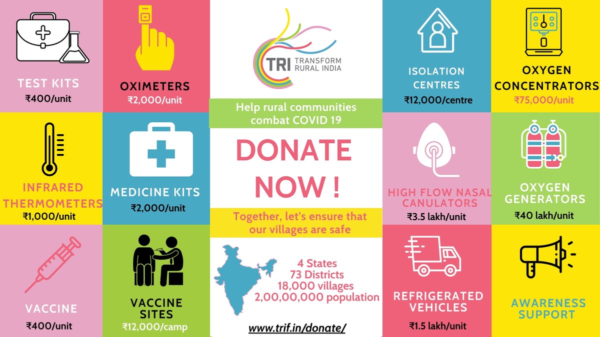 @TRIFoundation  can reach out to 2 crore people who need your support to overcome. Even a small donation can make a big difference against COVID
You can donate using this link: lnkd.in/daVjkY2
Thank you for your support!
#HelpRuralIndiaBreathe #RuralIndiaCombatsCOVID