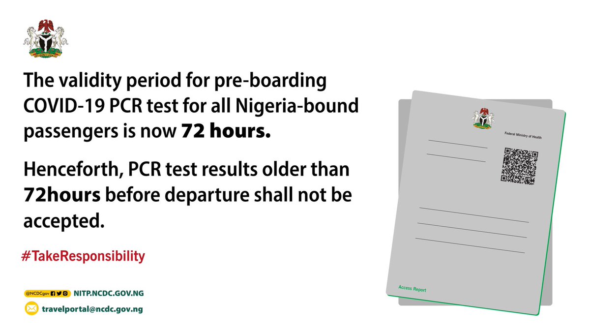 📢 Now 72 Hours

The validity period of the pre-boarding #COVID19 PCR test for all Nigeria-bound international travellers is now 72 hours (3 days) before departure.

📜Read more
covid19.ncdc.gov.ng/media/files/PR…

#TakeResponsibility