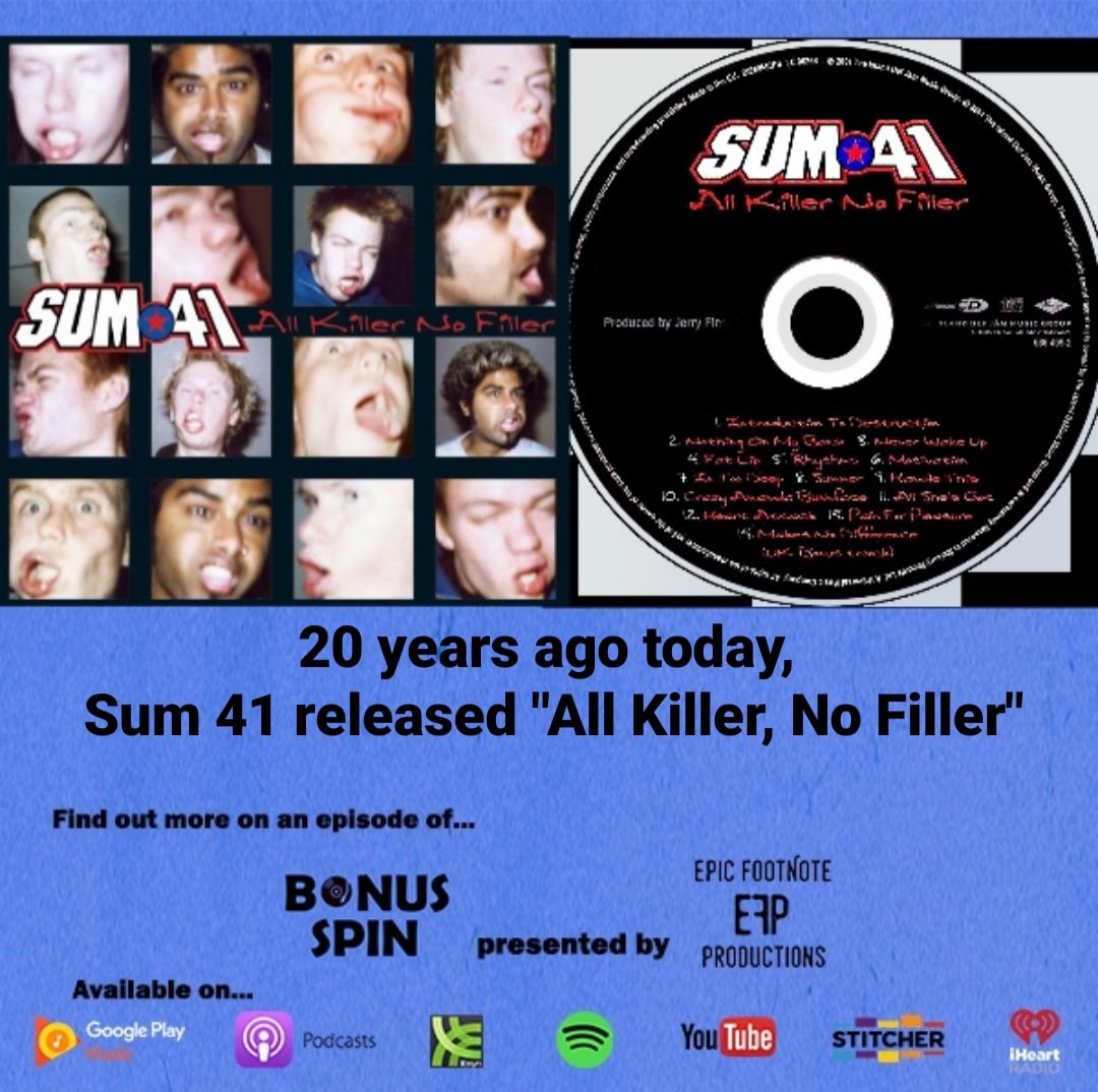 20 years ago today, #Sum41 released #AllKillerNoFiller... Last year, we had the honor of speaking to #ConeMcCaslin about his memories of making the album and how he'd like to celebrate its anniversary... Listen here:

youtu.be/0Rp-E_Ko0Cw

#Interview #FatLip #InTooDeep #Punk