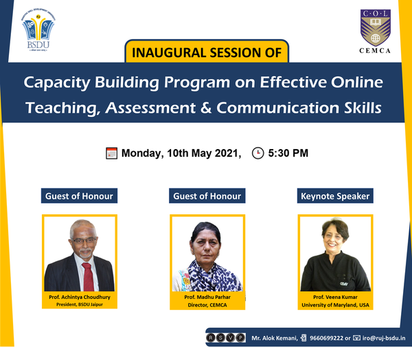 BsduOfficial's tweet photo. #BeOurGuest!
You're Invited to attend & participate in the Inaugural Session of Effective Online Teaching, Assessment & Communication Skills jointly hosted by @BsduOfficial
#Jaipur with @CEMCA_COL a regional unit of the
@COL4D
#BSDUSkill #BSDUJaipur #LearnWithBSDU #Invitedtalk https://t.co/dKmUkjCFcX