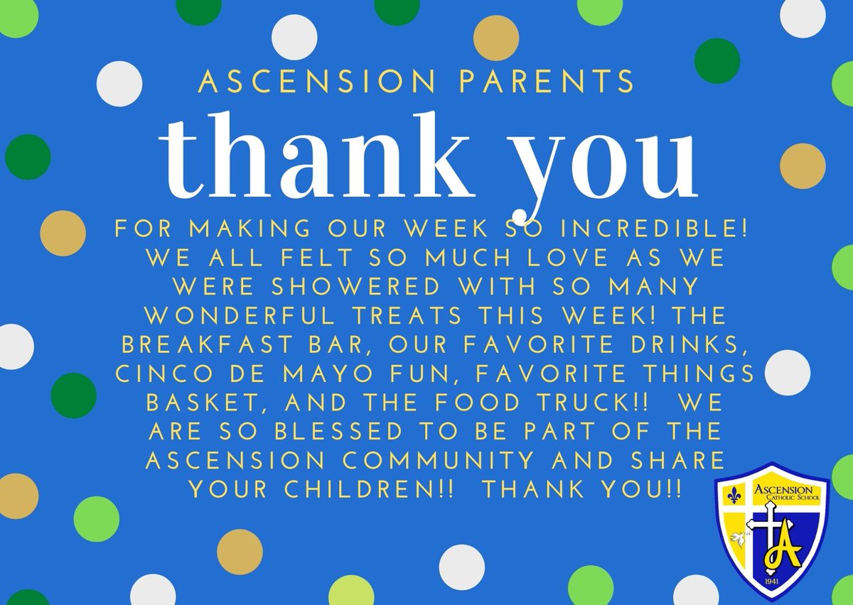 Ascension_K8's tweet photo. Thank you to our Parents' Association and all of our Ascension Parents for making Teacher Appreciation Week so much fun!!  We were showered with so much love every day!!  Thank you for everything!!!  #ACSGatorPride #GatorsAlwaysTogether https://t.co/tvIcNjeXWk