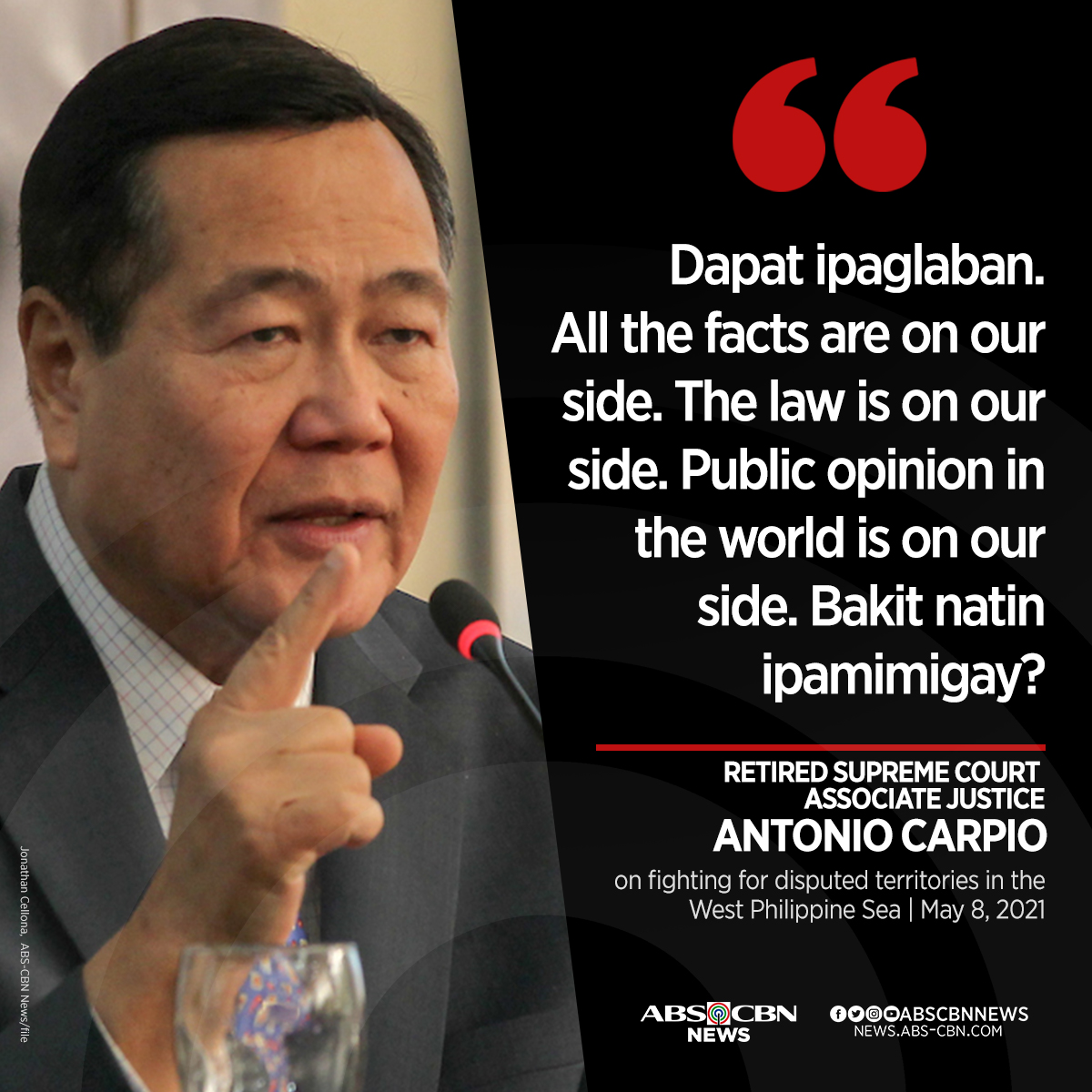Retired Supreme Court associate justice Antonio Carpio insists the country should always stand up against China's incursions in the West Philippine Sea.
 
READ MORE: bit.ly/2SDgJyb