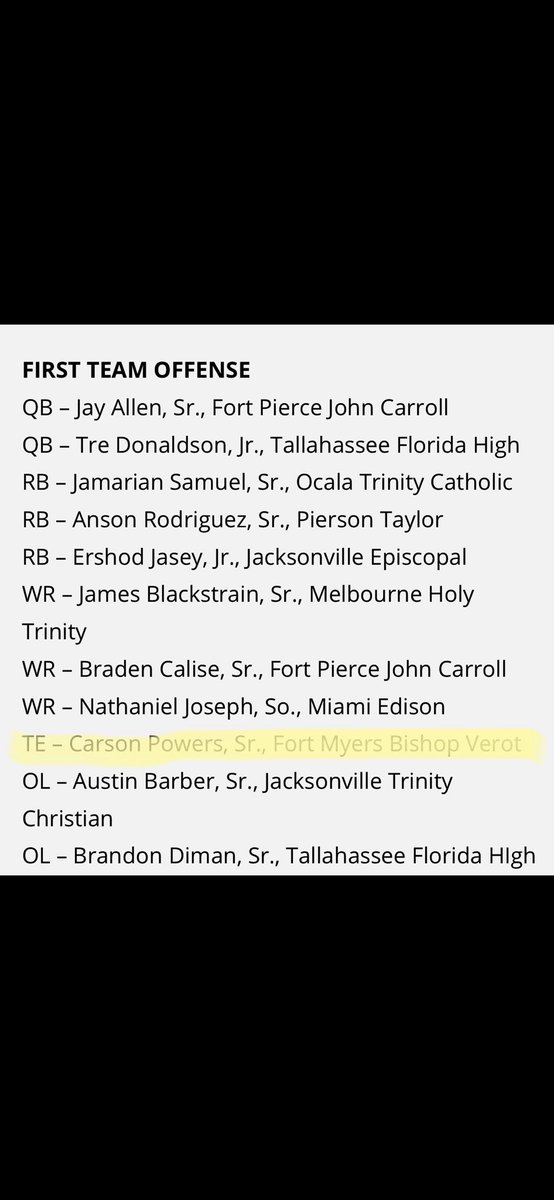 CarsonPowers18's tweet photo. Sometimes even the quiet ones get recognized. Thanks to all my coaches who got me here &amp; ready to see what the future holds. @CoachMohring @CoachDelgado61 @Coach_Joc @MrNoOffseason @coachmartin1_ @bliss_zen 
Lee County 1st Team Offense - TE
Florida All State 1st Team Offense - TE https://t.co/DlmyLObAFP