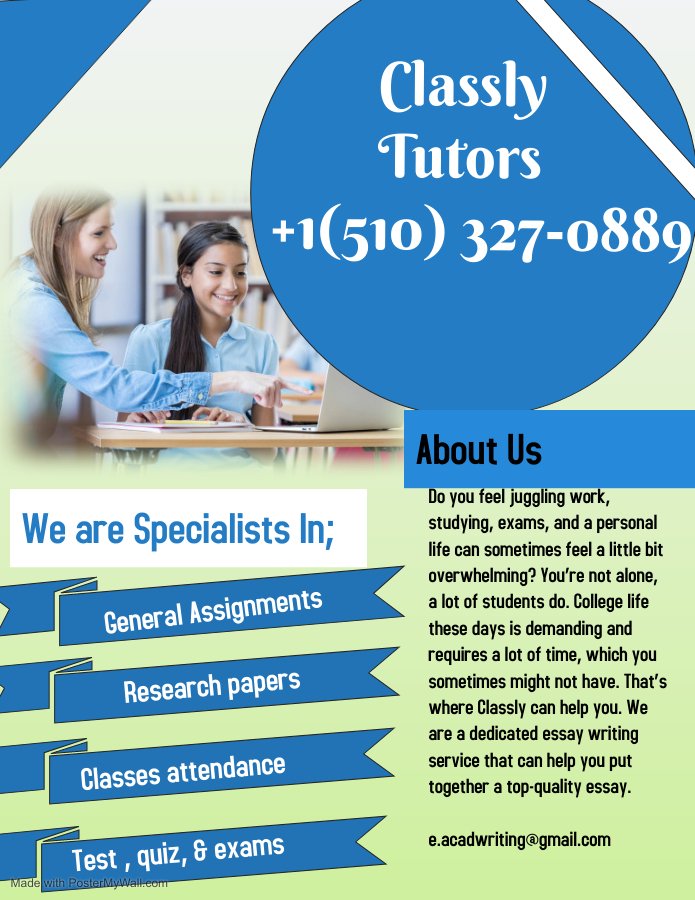 _Classly's tweet image. At Classly, you’ll find a paper writer for any academic task. Their rating is based on previous customer reviews and rates. Before you hire a writer, you can familiarize yourself with his track record in detail. 

Email : e.acadwriting@gmail.com
Text/ WhatsApp +1 (510) 327-0889