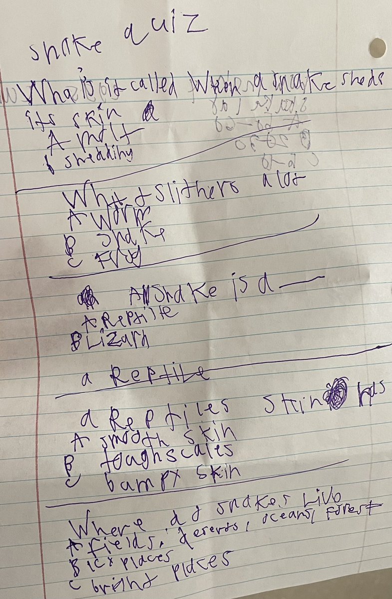 MrsGumsDIS's tweet photo. Snakes are his thing! This student amazes me with stop and jot notes. This day he decided he wanted to create a snake quiz to test the class! He is so engaged during independent reading time! #pridein5 @LeaphartElem https://t.co/UbBRuHrfAM
