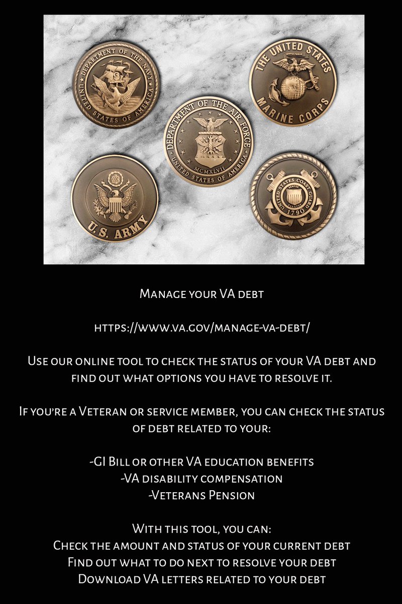 14/ Manage your VA debt:Use our online tool to check the status of your VA debt and find out what options you have to resolve it.  https://www.va.gov/manage-va-debt/ 