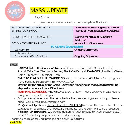 areumshopph's tweet photo. 『 #AreumPH_MUpdates 』

MASS UPDATE
➭ May 8, 2021

If you have any questions, please do not hesitate to DM or email us! Thank you ~! https://t.co/USzT9VdDan