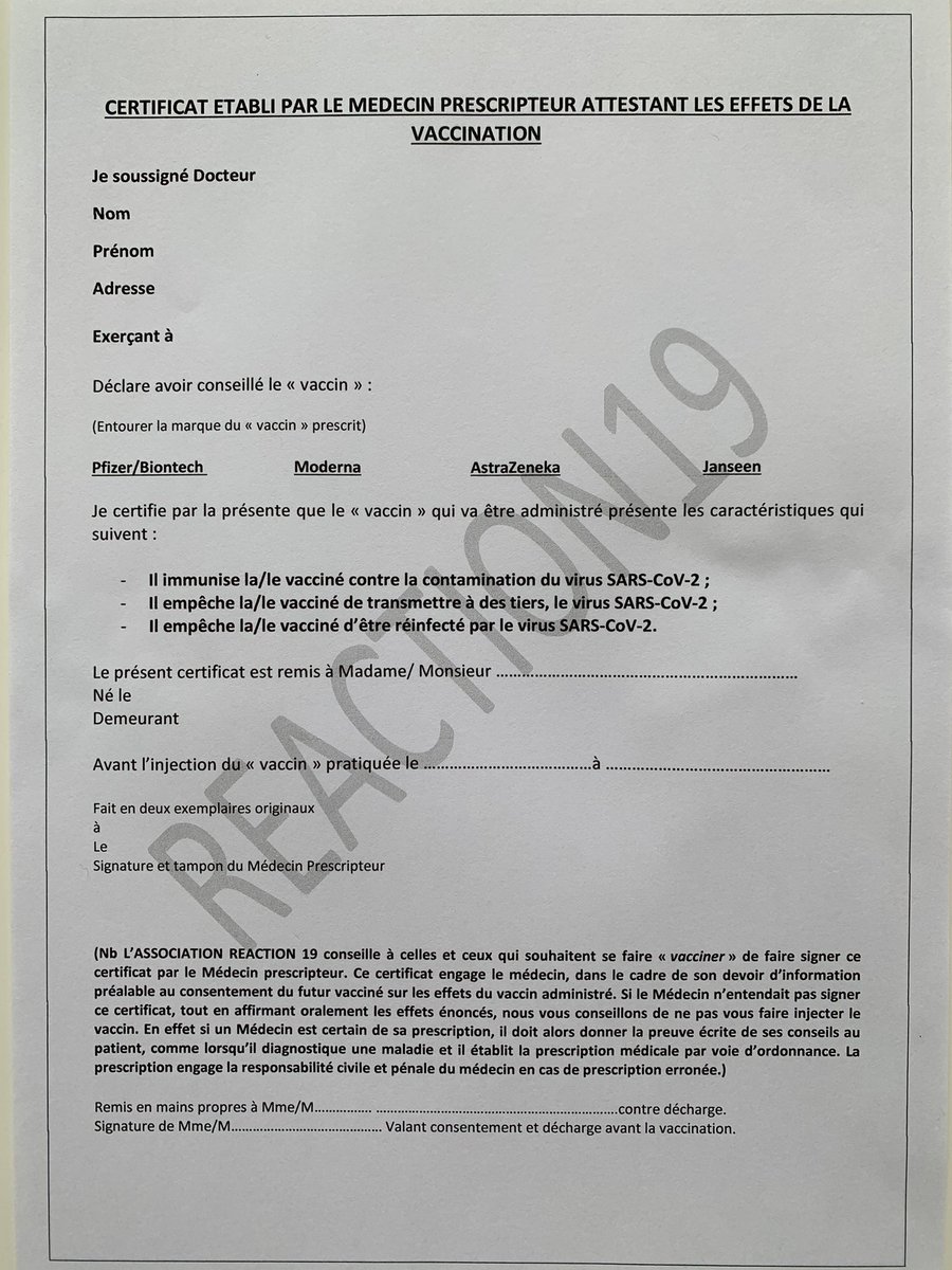 IMPORTANT Celles et ceux qui ont envie de se faire inoculer les produits appelés « vaccins » doivent demander au médecin prescripteur de signer l’acte que nous avons rédigé ci dessous. Si le médecin prescripteur ne veut pas le signer s’agit-il d’un vaccin? Ou bien..? Partagez SVP