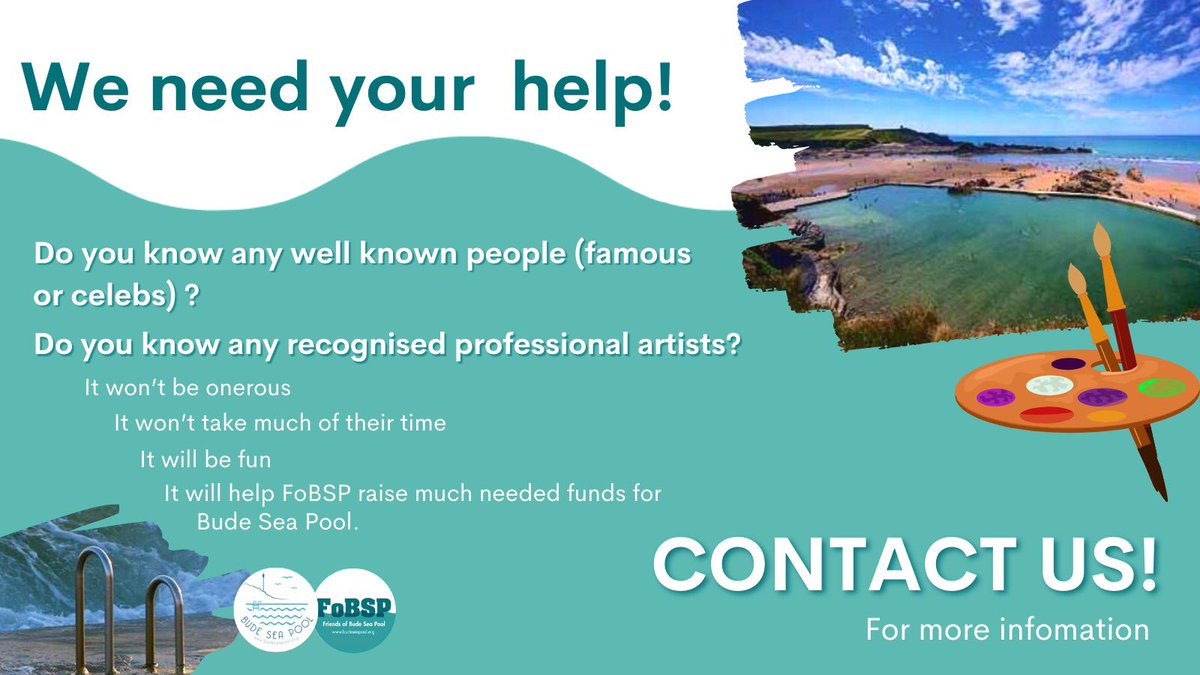 BudeSeaPool's tweet image. *Please share far and wide* Do you know any well known people (famous or celebs) ? 🤩
Do you know any recognised professional artists? 🎨

Please ask them and DM us.

#budeseapool #FoBSP10years #wearebude #bigupbude #budeandbeyond #cornwall #lovecornwall