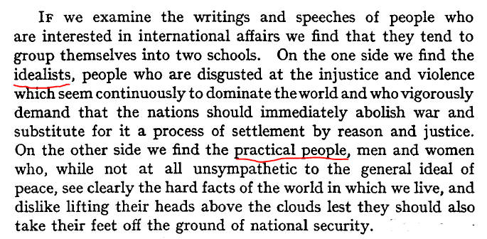 Kerr talks of idealists (such as Ponsonby), who think the treaty will work, and of "practical people", who do not (even though they wish it would)