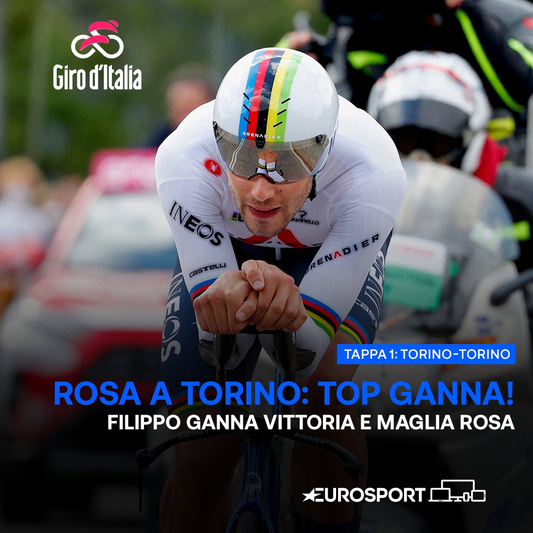 Eurosport_IT's tweet photo. Giù il cappello per FILIPPO GANNA: vince a Torino ed è la prima maglia Rosa del Giro d'Italia!!!! 😍🌈🇮🇹

Applausi per gli azzurri, Edoard Affini è secondo! ✌😍

#EurosportCICLISMO #Giro104 #Giro #TopGanna https://t.co/HldJbnggmT