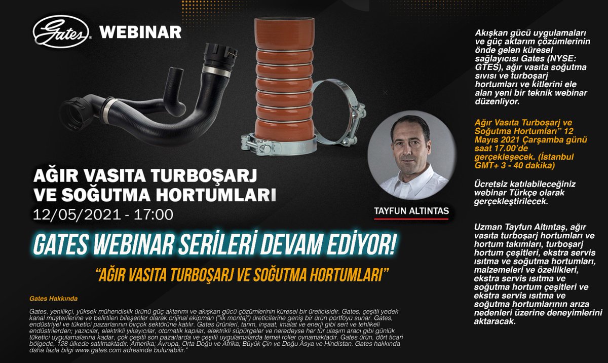 Akışkan gücü uygulamaları ve güç aktarım çözümlerinin küresel sağlayıcısı Gates, ağır vasıta soğutma sıvısı ve turboşarj hortumları ve kitlerini ele alan yeni bir teknik webinar düzenliyor. 

Ücretsiz katılım için: gatestechzone.com/tr/webinars/tr…
