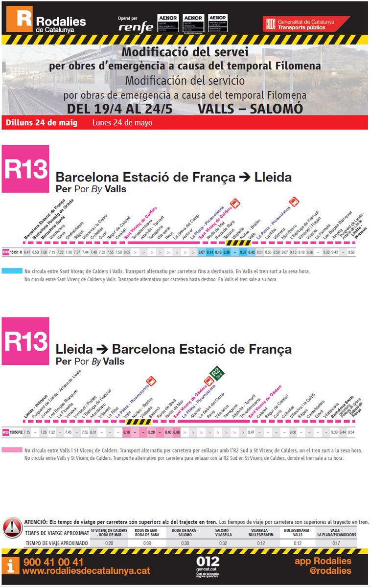 VallsAjuntament's tweet photo. Mobilitat | 🚉 ‼️ Fins al 24 de maig s’ha establert un servei alternatiu per carretera entre les estacions de Picamoixons i Sant Vicenç de Calders a causa de la realització d’obres per a la millora de la infraestructura.
👇 Consulteu els horaris.

#Valls https://t.co/gU8A2XNdFU