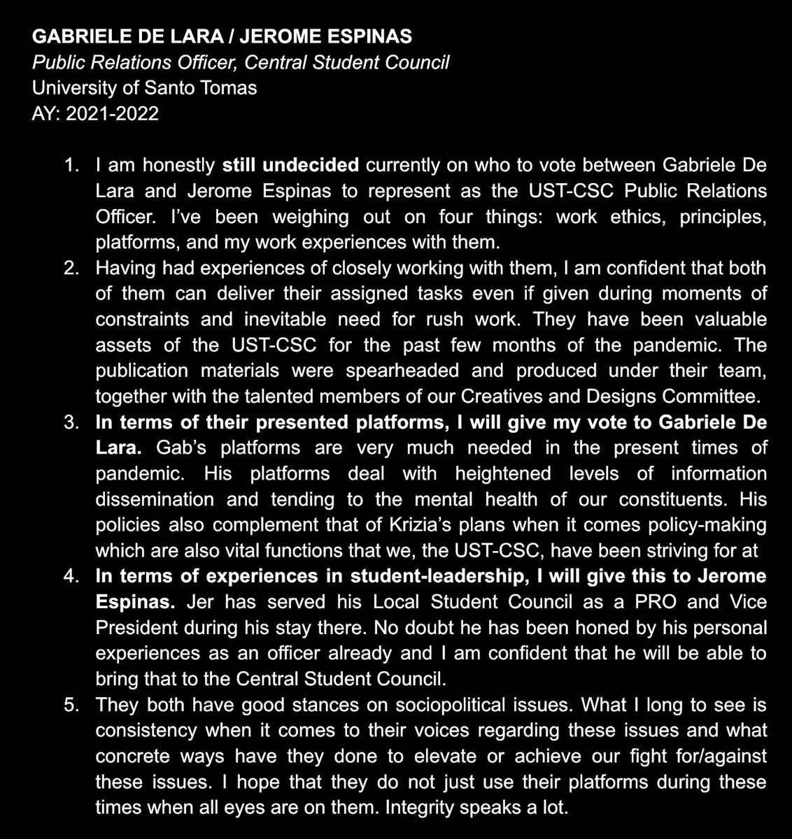 GABRIELE DE LARA / JEROME ESPINASPublic Relations Officer(s), Central Student CouncilUniversity of Santo TomasAY: 2021-2022 @gabdelaraaa  @jer_espinas 5/n