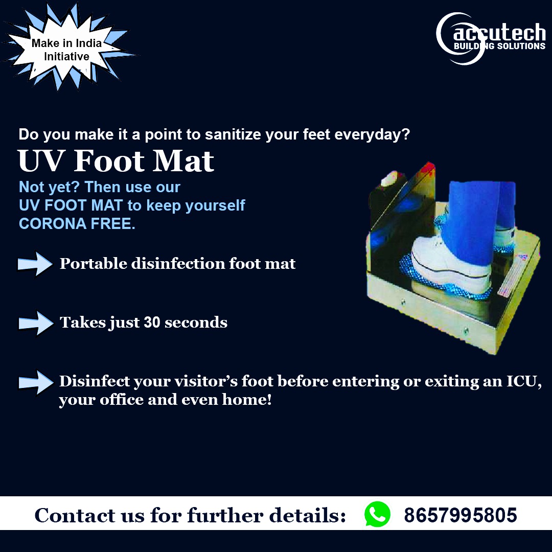 accutechgroup's tweet photo. Contact us now for an all new UV FOOT Mat!
- No Consumables!
- Takes just 30 seconds.
.
.
#coronafree
#staysafe #uvfootmat #uvsanitization #footmat #makeinindia #disinfectant #noconsumables #nochemicals #30secondsonly #quicksolutions #accutech #letsdothis #letsbecoronafree https://t.co/OuyDzSq2C3