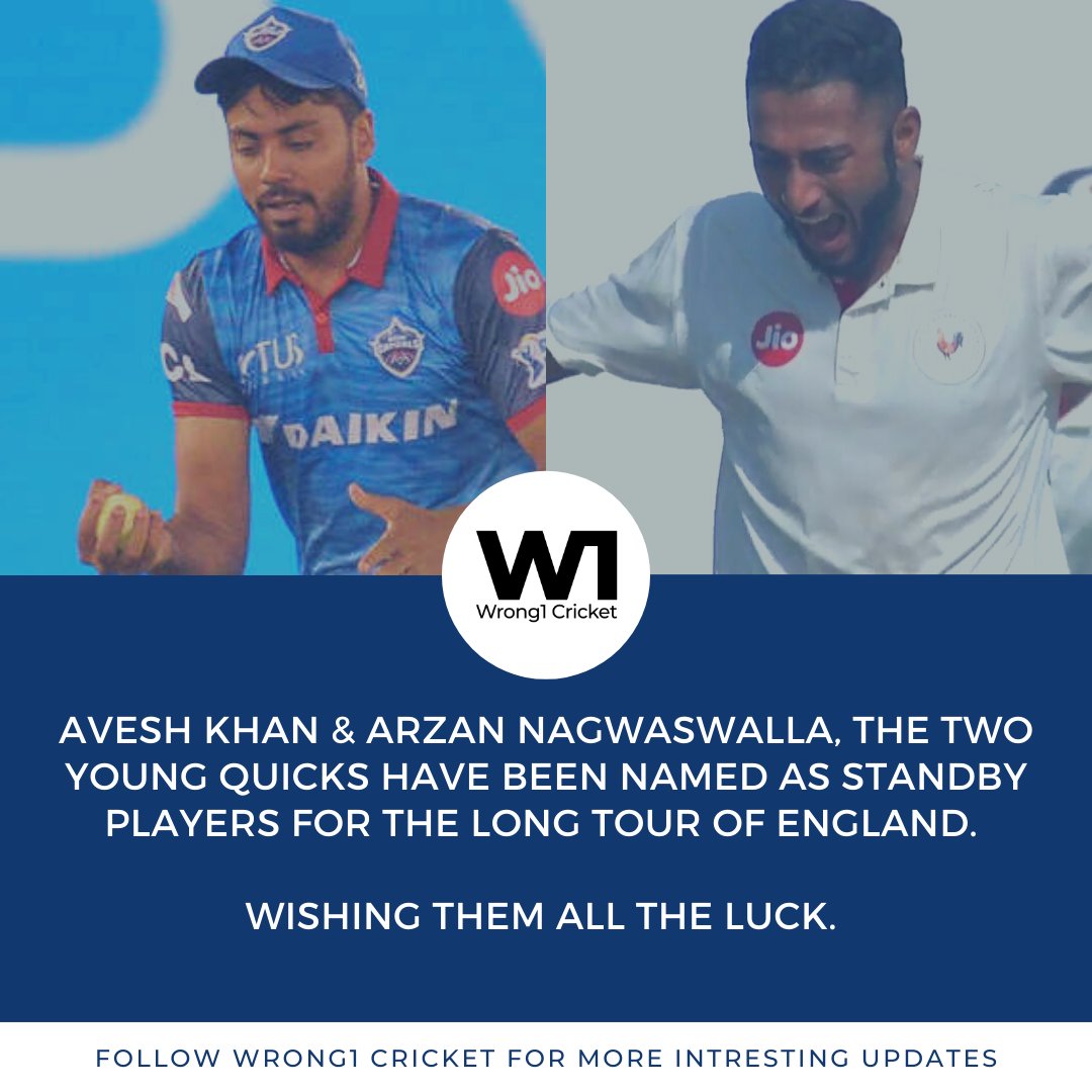 wrong1cricket's tweet photo. The two new quick bowlers added as standby to the main team.
#Wrong1 #AveshKhan #ArzanNagwaswalla #WTCFinal https://t.co/aOKyN27gBk