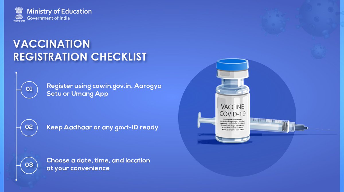 EduMinOfIndia's tweet photo. Are you 18+? Prepare for #COVID vaccination using this checklist:
⭕️Register at https://t.co/mTIYDnMnpE or @SetuAarogya
⭕️Keep a Government ID ready
⭕️Book a slot at #vaccinationcentre near you

#Unite2FightCorona #IndiaFightsCorona https://t.co/eKaEcVwe2l