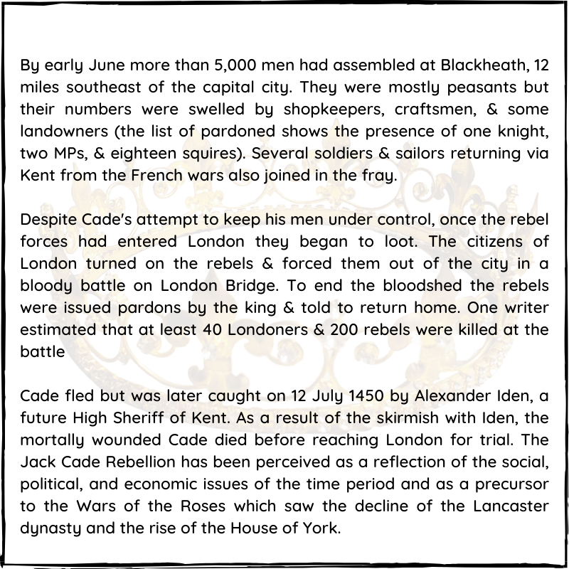 BritishHistorym's tweet photo. #otd May 1450 – Kentishmen revolt against King Henry VI.
#JackCade #Rebellion #revolt #HenryVI #KingHenryVI #Kentishmen #Englishhistorty #London https://t.co/GPYpvF0e9x