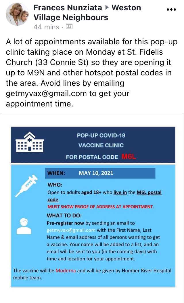 mdecoconnect's tweet photo. #moderna vaccine at St. Fidelis Church 33 Connie St - MONDAY MAY 10. #M6L #M9N #pelmopark #humberlea #ysw #yorksouthweston #janest #mapleleaf #rustic #keelest #lawrenceavew https://t.co/gKRTq45LYF