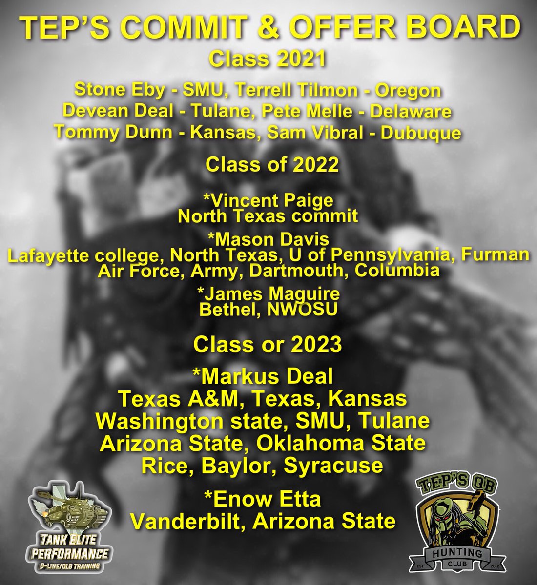 My 2021 OG PREDATORZ &amp; the ‘22 &amp; ‘23 Young Bloods. 

You can come get trained by us, you gon’ eat or you gon’ starve.  

<a href="/StoneEby1/">Stone Eby</a> <a href="/TTilmon16/">Terrell Tilmon🍐(Slim Predator)</a> <a href="/DealDevean/">Devean Deal</a> <a href="/PeteMelle/">Pete Melle</a> <a href="/TDunnJ85/">Tommy Dunn Jr.</a> <a href="/SamVibral/">Sam Vibral</a> <a href="/VincentPaige3/">Vince Sullivan</a> <a href="/mason_dav1s/">Mason</a> <a href="/James_Maguire44/">James Maguire</a> <a href="/MarkisDeal11/">Markis deal</a> <a href="/EnowEtta1/">Enow-M’beleke Etta🇨🇲🦏</a>
P.O.P.