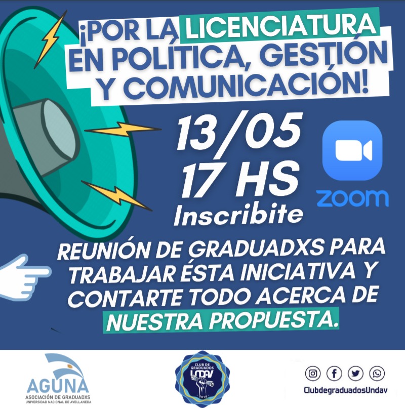 ClubGraduados's tweet photo. ¡POR LA LICENCIATURA EN POLÍTICA, GESTIÓN Y COMUNICACIÓN!
🗒️Reunión de graduadxs para trabajar esta iniciativa y contarte todo acerca de nuestra propuesta
📍JUEVES 13 DE MAYO - 17 HORAS vía ZOOM
Inscribite👉 https://t.co/0TojbO04X5
#GraduadxsUNDAV
#Avellaneda
#OrgulloUNDAV https://t.co/Ifq5fMilO2