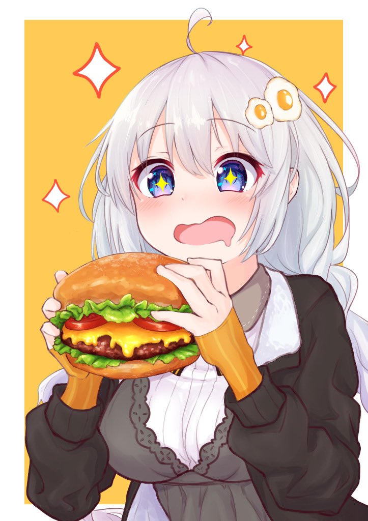 kizuna akari 1girl food solo burger hair ornament ahoge holding  illustration images