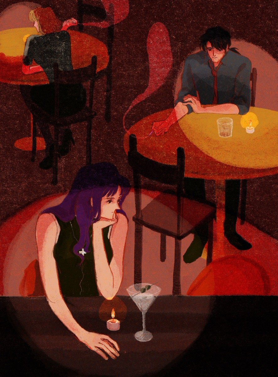 katsuragi misato purple hair multiple boys 2boys chair 1girl table long hair  illustration images