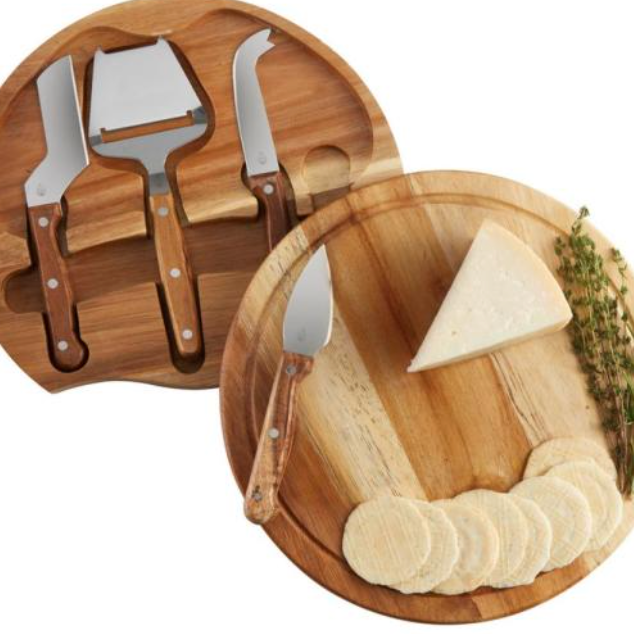 Check out the new Acacia Wood Circo Cheese cutting board!
Beautifully made, the swivel top perfectly stores four stainless steel cheese tools with wood handles.  #musthave #cuttingboard #acaciawood #woodhandle