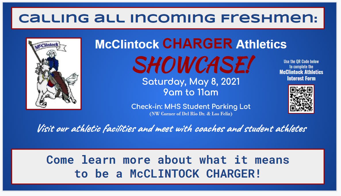 All Incoming Freshmen, Check Out The McClintock Charger Athletics Showcase!  
<a href="/MHSChargerPride/">McClintock Chargers</a> <a href="/ChargerGridiron/">Charger Gridiron</a>  <a href="/AZPreps365/">AZPreps365</a> <a href="/AZHSFB/">ArizonaVarsity.com 🔥PREPS🔥</a>