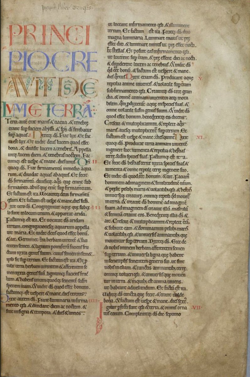 The word IN is missing but what is left is principio in coloured capitals.  #MS003TheDoverBibleCambridge, Corpus Christi College, MS 003; The Dover Bible, Volume I; 12th century; ff.2v, 3r  @ParkerLibCCCC