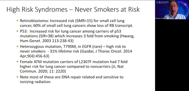 IASLC's tweet photo. Dr. Christopher Amos discusses the who/when/how in LC screening for never-smokers. Including the benefits and risks involved in syndromes in never-smokers that cause higher risk, and #LDCT in never smokers in Asia. Watch his presentation on-demand: https://t.co/unPLGrCcID #CTSS21 https://t.co/UF9RViDc5i