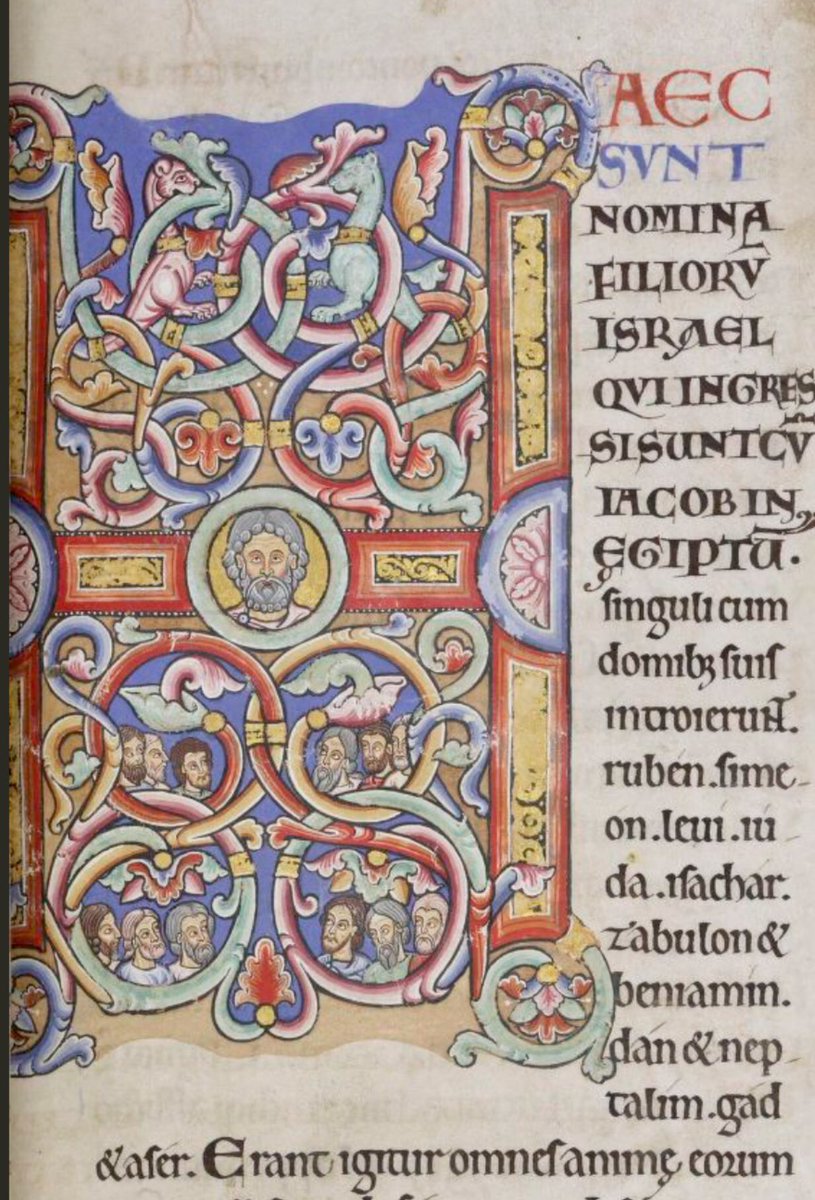 Initial 'H'(aec) at the beginning of Exodus depicting Jacob and the twelve patriarchs. #MS003TheDoverBibleCambridge, Corpus Christi College, MS 003; The Dover Bible, Volume I; 12th century; f.24r  @ParkerLibCCCC