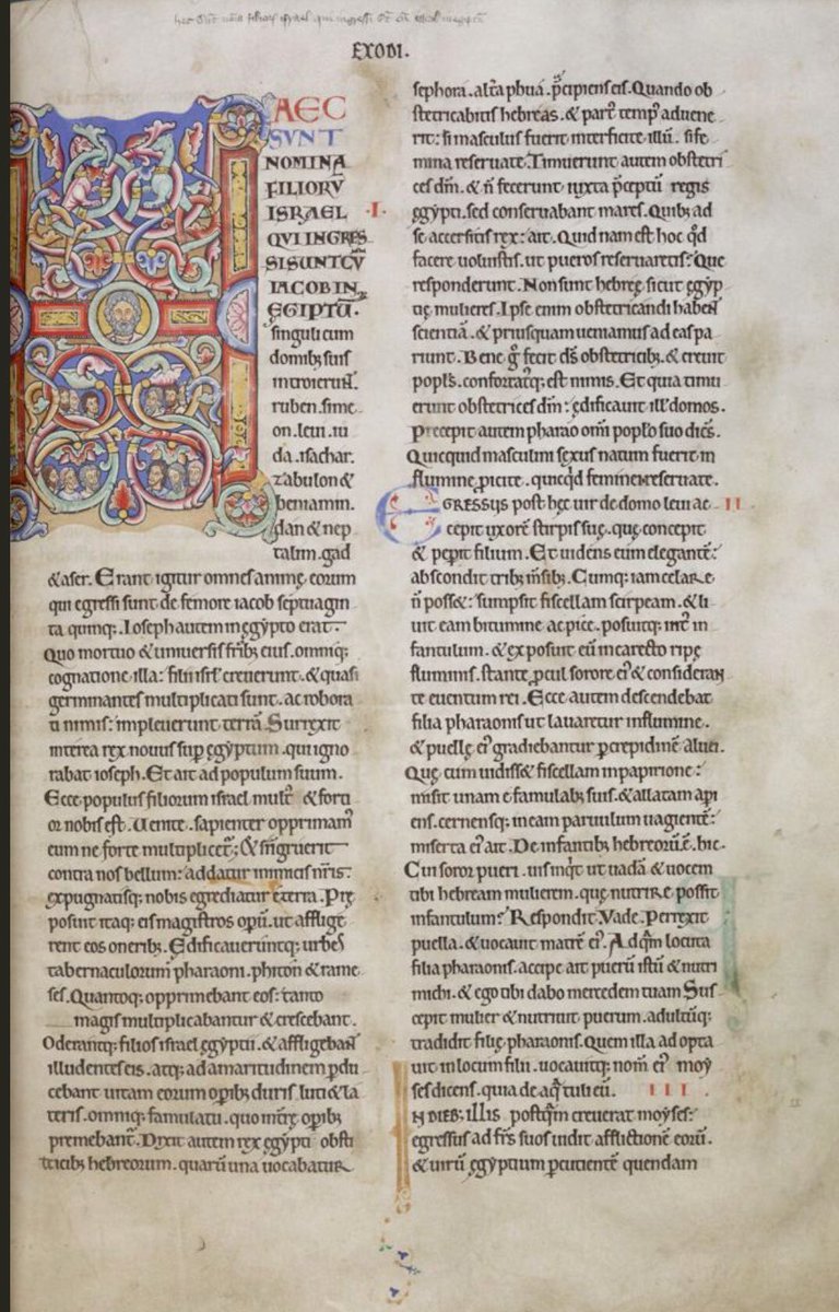 Initial 'H'(aec) at the beginning of Exodus depicting Jacob and the twelve patriarchs. #MS003TheDoverBibleCambridge, Corpus Christi College, MS 003; The Dover Bible, Volume I; 12th century; f.24r  @ParkerLibCCCC