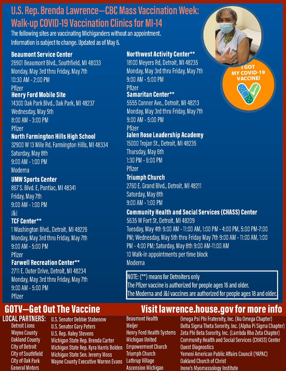 RepLawrence's tweet photo. We are gearing up for the last day of #MassVaccinationWeek! We have walk-up vaccination sites at North Farmington Hills High School and Triumph Church. No appointment needed. Don’t wait, vaccinate. #CBCVaccinationWeek https://t.co/5au7DGxdn3