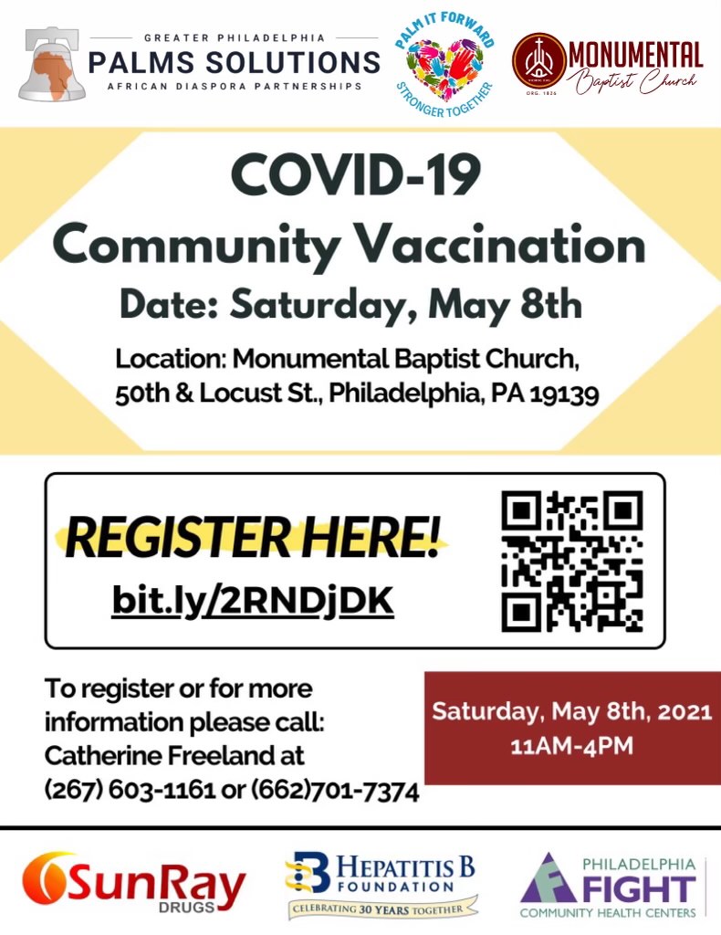 COVID-19 Community Vaccination will be held today at 50th and Locust.