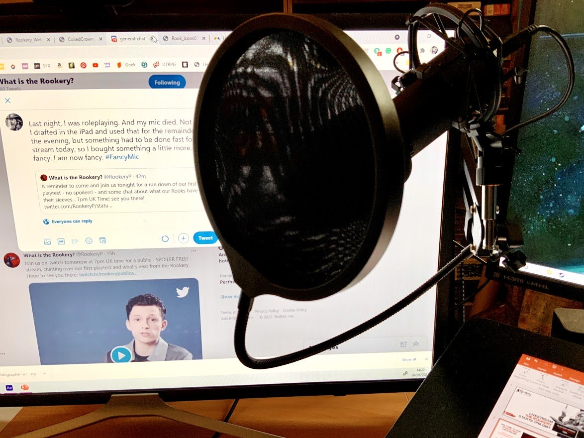 Hapimeses's tweet photo. Last night, I was roleplaying. And my mic died. Not ideal. I drafted in the iPad and used that for the remainder of the evening, but something had to be done fast for the stream today, so I bought something a little more... fancy. I am now fancy. #FancyMic #AmFancy #FancyThat https://t.co/irGl06aaNN