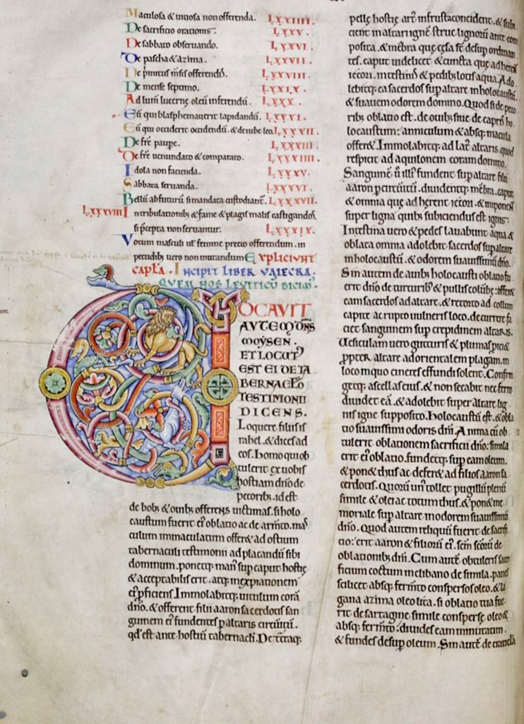 Initial 'V'(ocavit) at the beginning of Leviticus inhabited by a dragon and lion. #MS003TheDoverBibleCambridge, Corpus Christi College, MS 003; The Dover Bible, Volume I; 12th century; f.41v  @ParkerLibCCCC