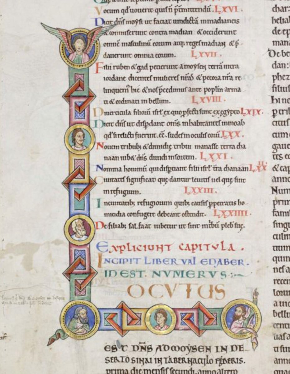 Initial 'L'(ocutus) at the beginning of Numbers containing the heads of five men and an angel with unfurled wings. #MS003TheDoverBibleCambridge, Corpus Christi College, MS 003; The Dover Bible, Volume I; 12th century; f.54v  @ParkerLibCCCC