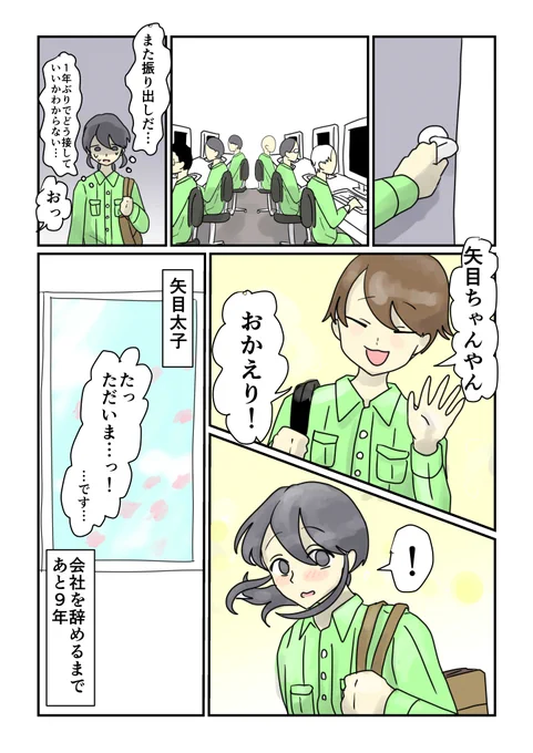 環境変わるたびに振出しに戻るコミュ障だけど、おかえりっていってくれる先輩にほっとした

10年後に会社やめる矢目さん56
ただいまの敬語って何?
#コルクラボマンガ専科 #毎日1p 