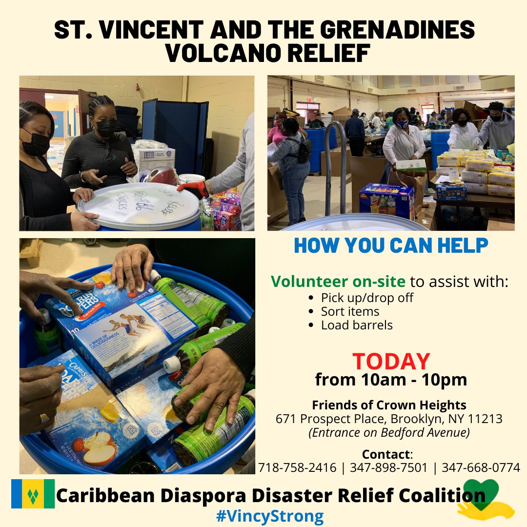 CariDayofGiving's tweet photo. Volunteers needed❗️TODAY❗️from 10am to 10pm

Volunteers can assist for any length of time - even if it is an hour.

We hope to see you there! 

📍 Friends of Crown Heights
671 Prospect Place,
Brooklyn, NY 11213

#VincyStrong https://t.co/GgetKtatUv