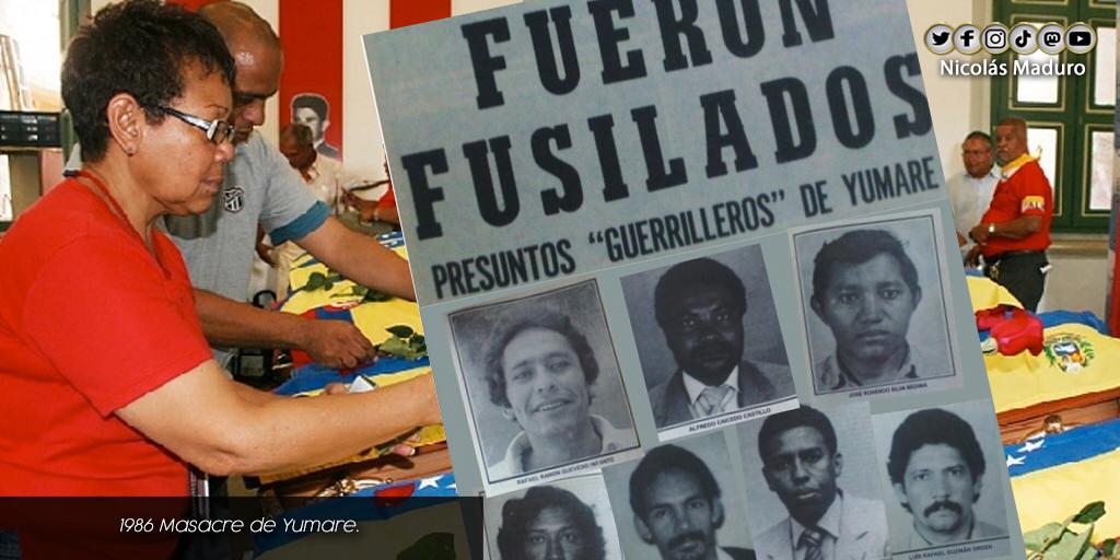 Se cumplen 35 años de un capítulo doloroso en nuestra historia, la Masacre de Yumare. Un crimen fascista que le arrebató la vida a 9 compañeros revolucionarios en el estado Yaracuy. Así actúan los gobiernos de derecha, con tortura y violencia. ¡Prohibido Olvidar!