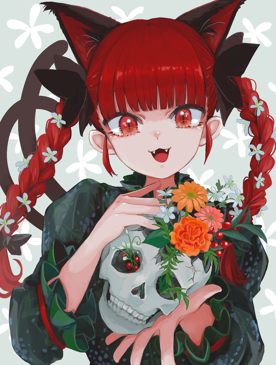 kaenbyou rin 1girl flower cat ears solo animal ears red hair braid  illustration images