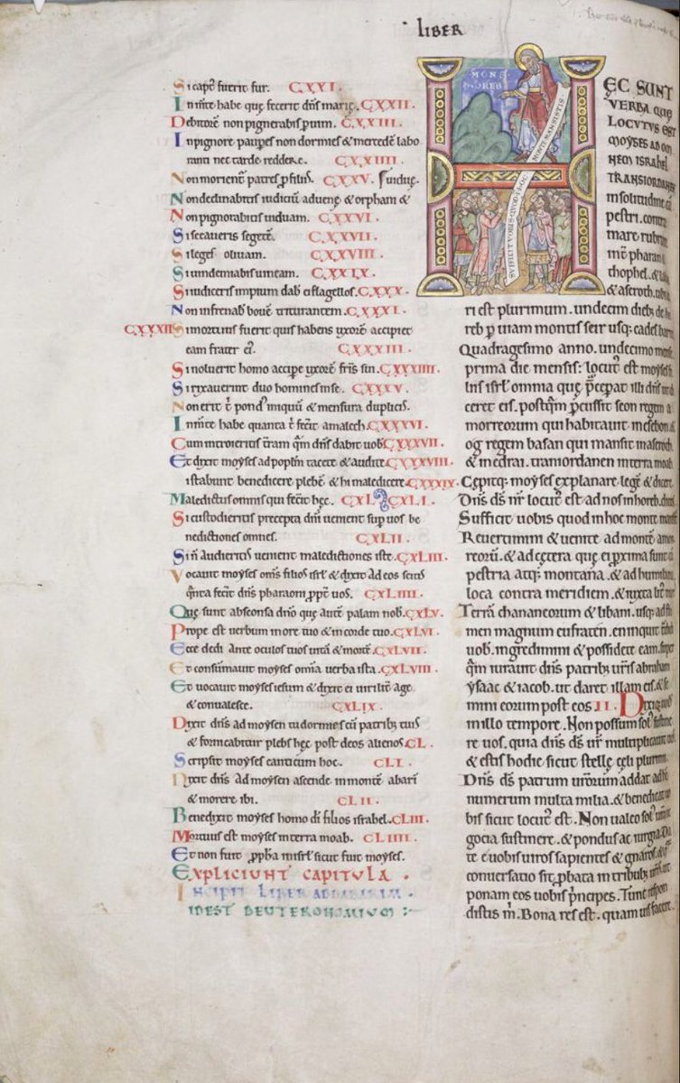 Initial 'H'(aec) at the beginning of Deuteronomy depicting Moses pointing at Mt Horeb holding a scroll which is received by ten people below.  #MS003TheDoverBibleCambridge, Corpus Christi College, MS 003; The Dover Bible, Volume I; 12th century; f.73v  @ParkerLibCCCC